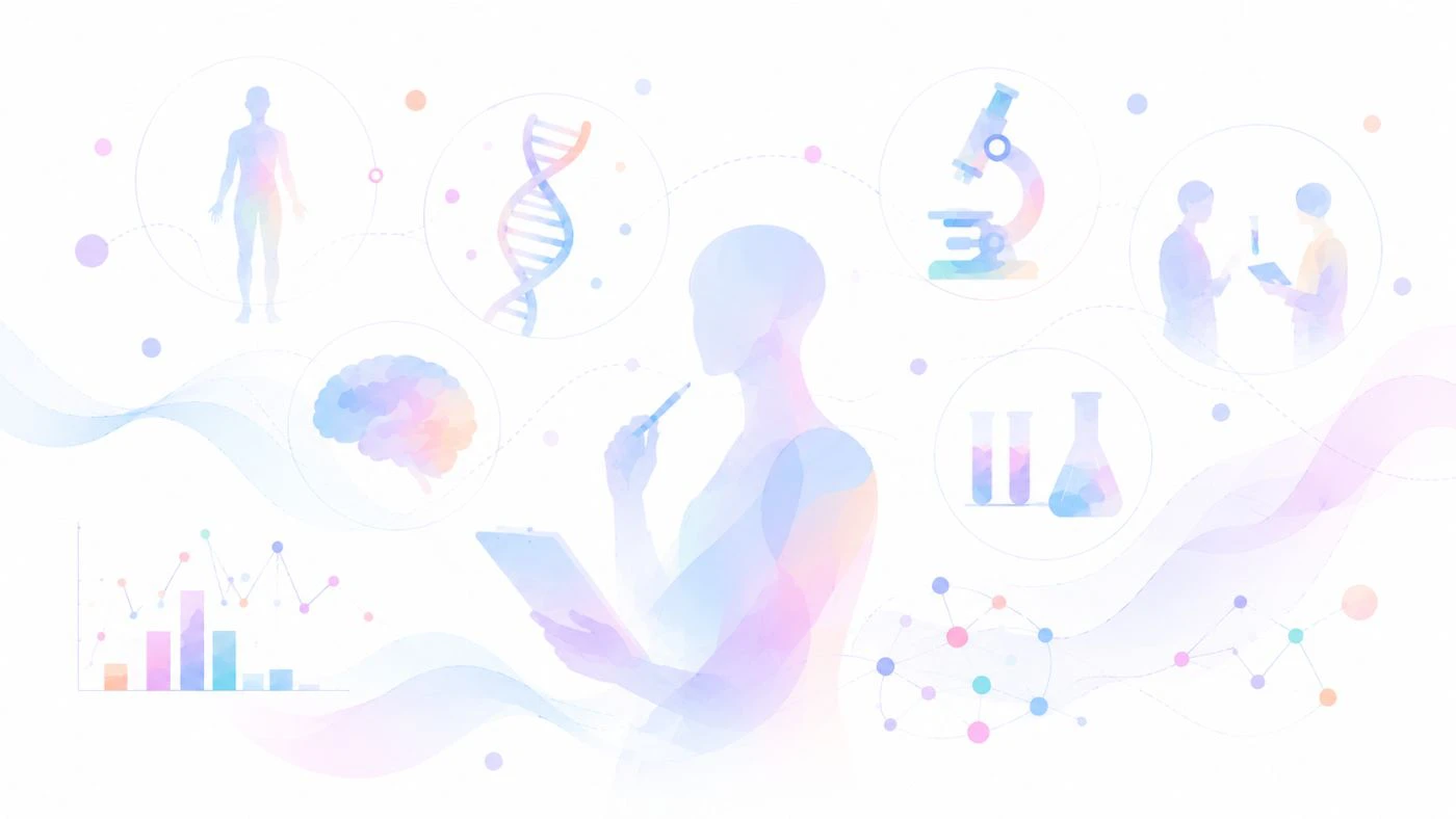 研究者・脳・DNA・顕微鏡・データなど、科学的根拠にもとづく研究を表した図解