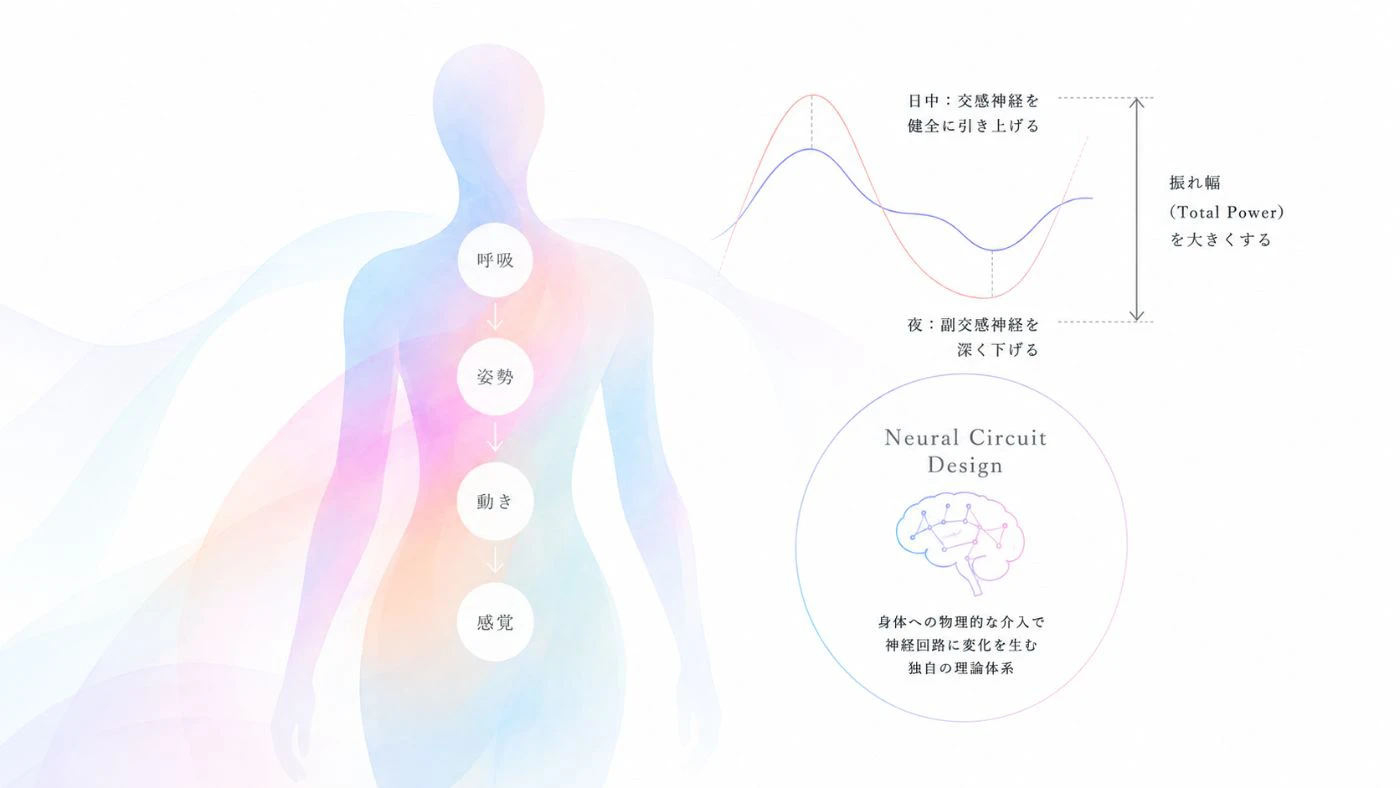 呼吸→姿勢→動き→感覚のシーケンスと、Total Powerの振れ幅・Neural Circuit Designを示した図解
