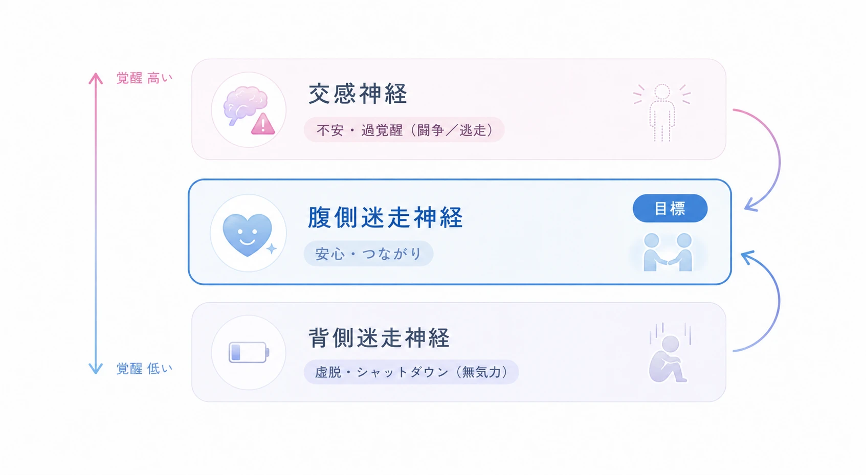 交感神経・腹側迷走神経・背側迷走神経の3つのモード図