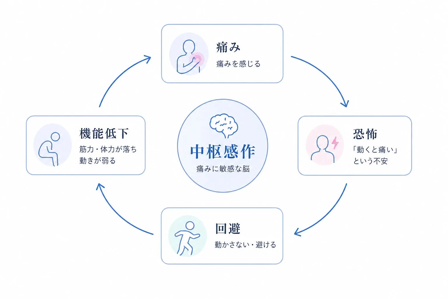 恐怖回避ループ:痛み→恐怖→回避→機能低下、中心に中枢感作