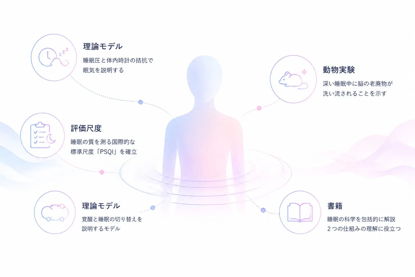 睡眠研究の代表的な知見(理論モデル・評価尺度・動物実験・書籍)を人体図の周囲に配した図解