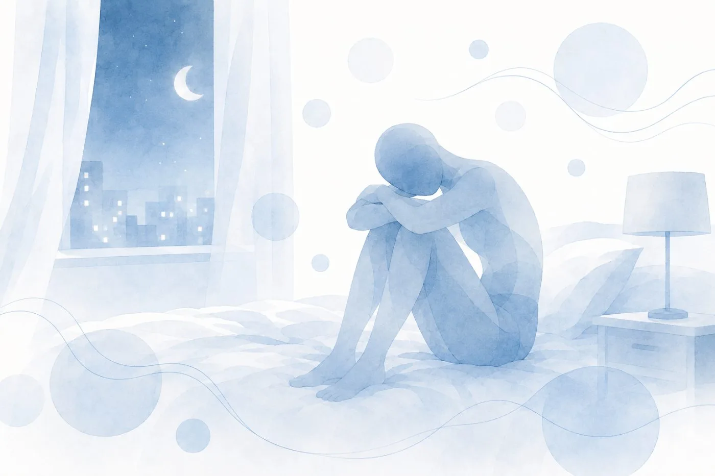 夜の寝室でひざを抱えて座る人物の水彩イラスト
