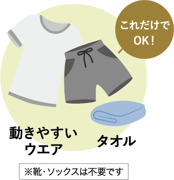 動きやすいウェア、タオル