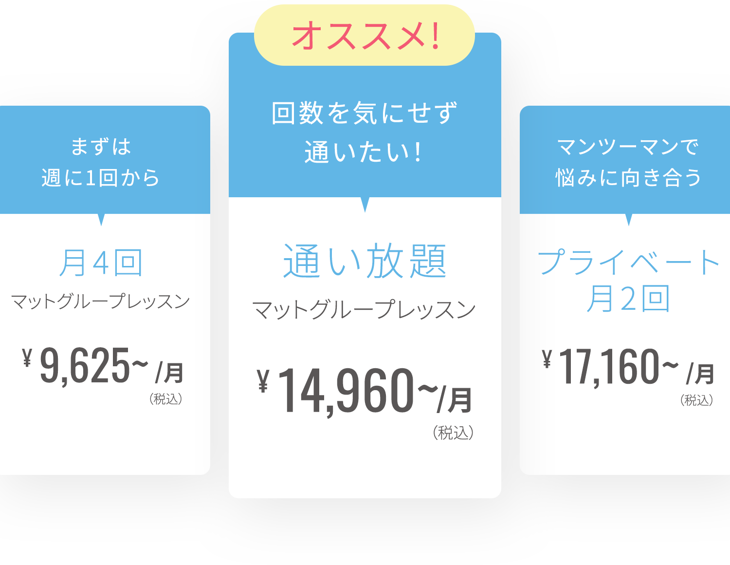 まずは週に1回から 月4回マットグループレッスン オススメ!通い放題 マットグループレッスン マンツーマンで悩みに向き合う プライベート月2回 マットまたはマシンレッスン
