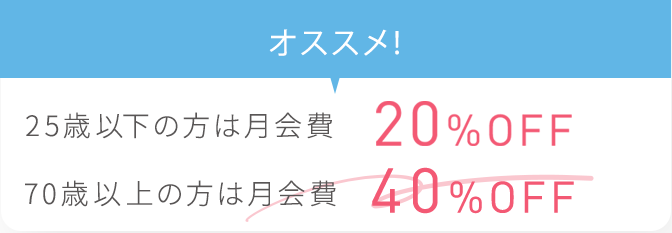 25歳以下もしくは70歳以上の方は月会費20%OFF